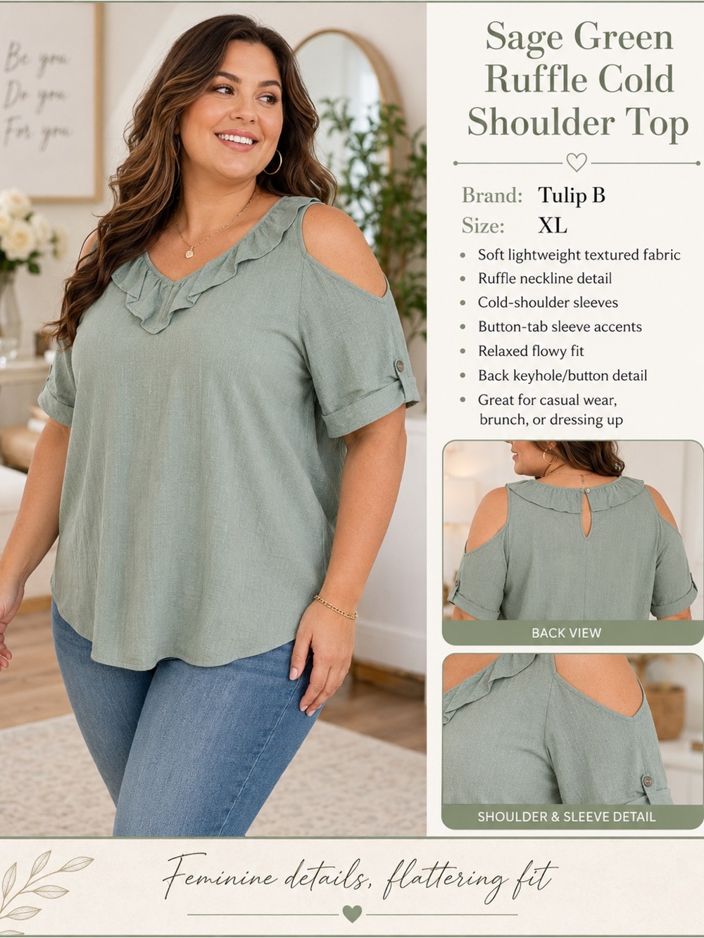 Tulip B Sage Green Ruffle Cold-Shoulder Blouse